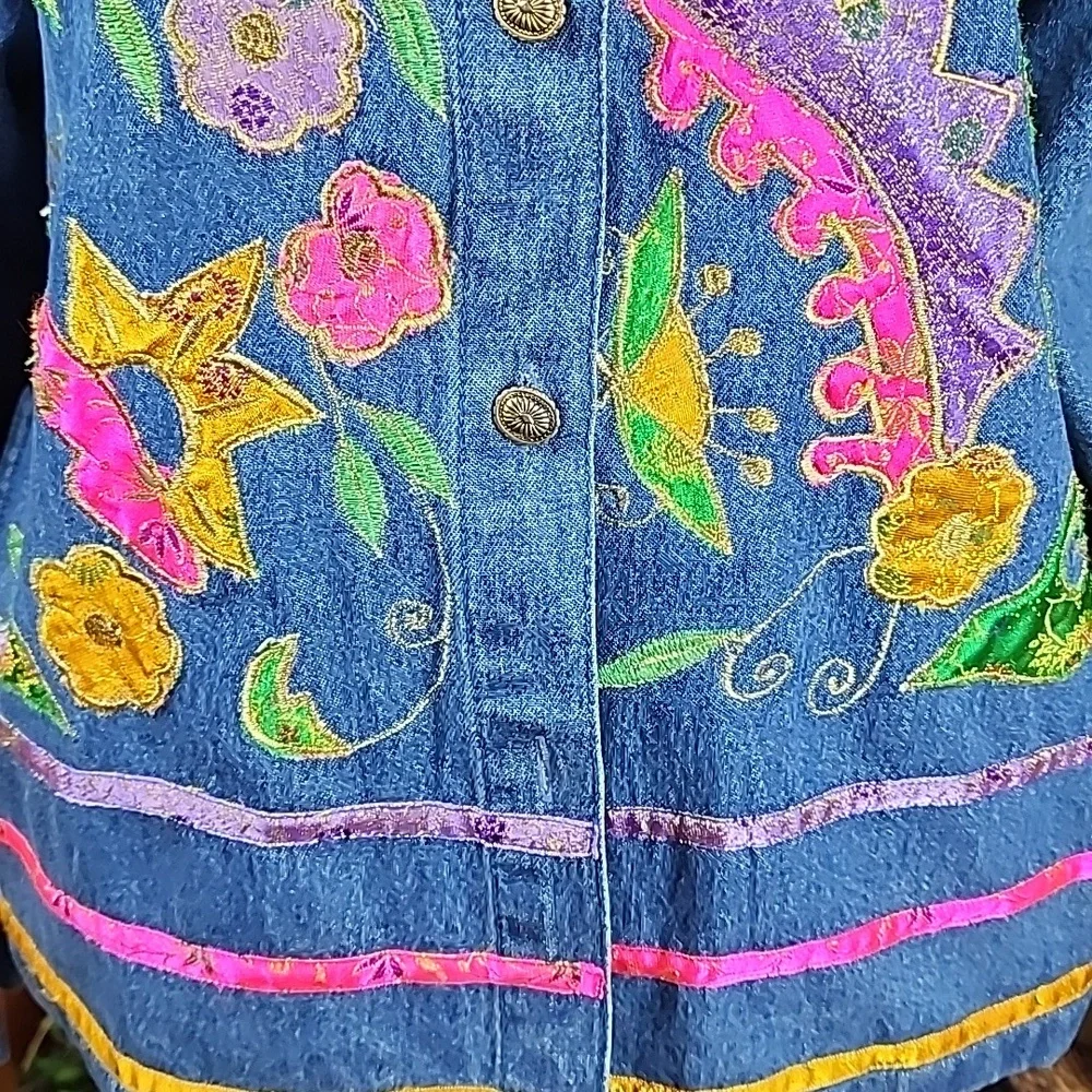 TANTRUMS | Vintage Bright Dopamine Floral Ribbon Embroidered Denim Jacket | L - Picture 3 of 12